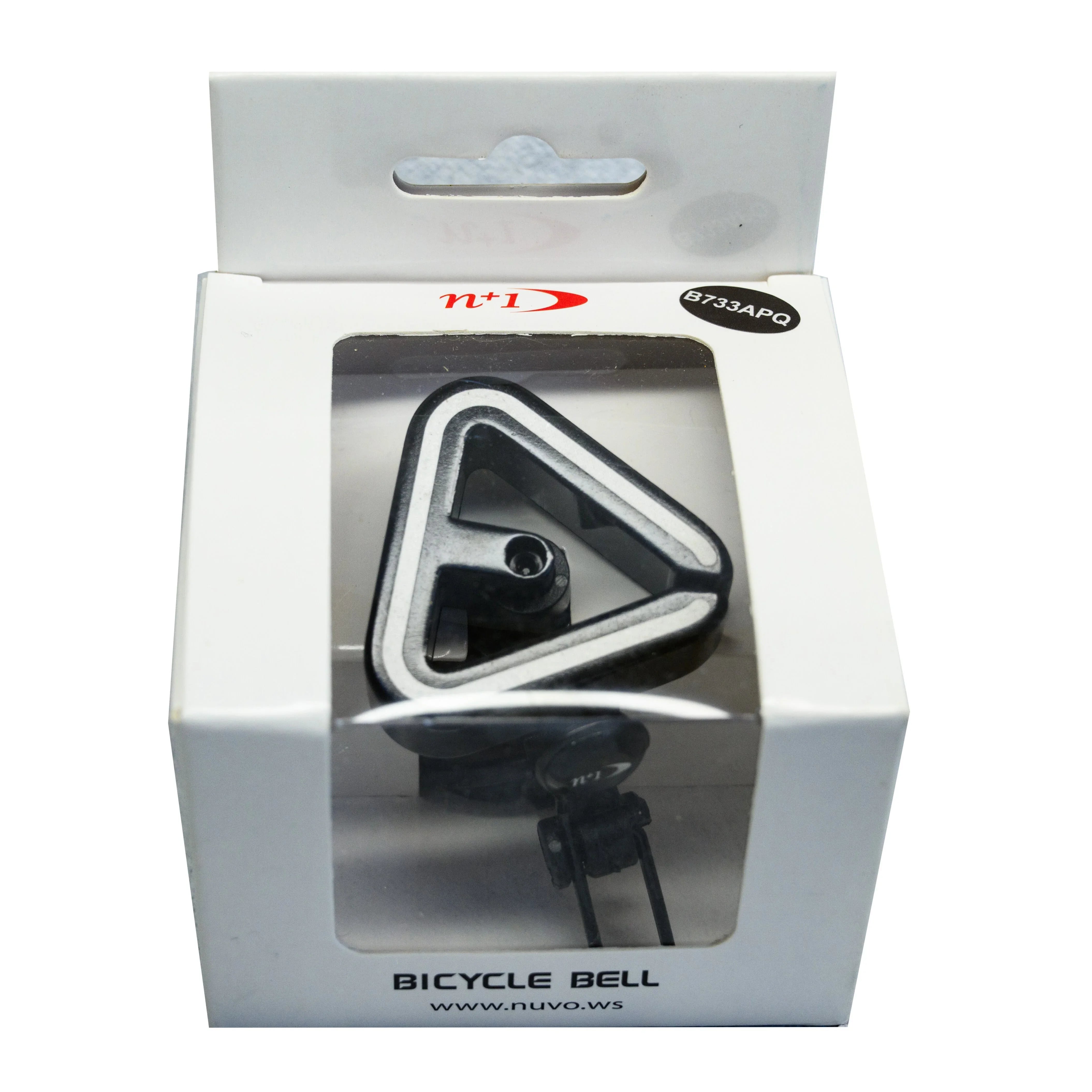 Triangle-shaped bicycle bell in white retail packaging with clear window