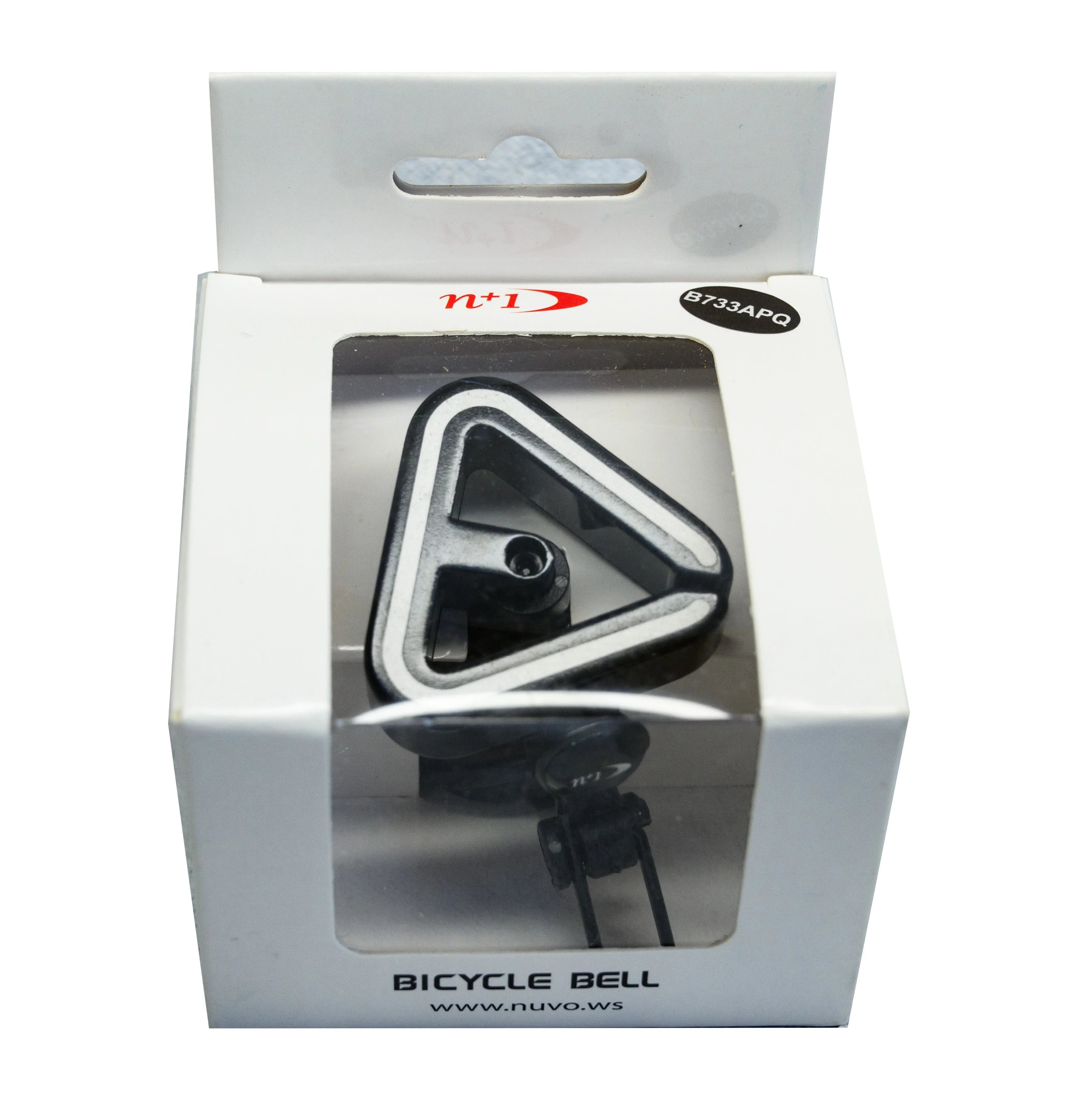Triangle-shaped bicycle bell in white retail packaging with clear window