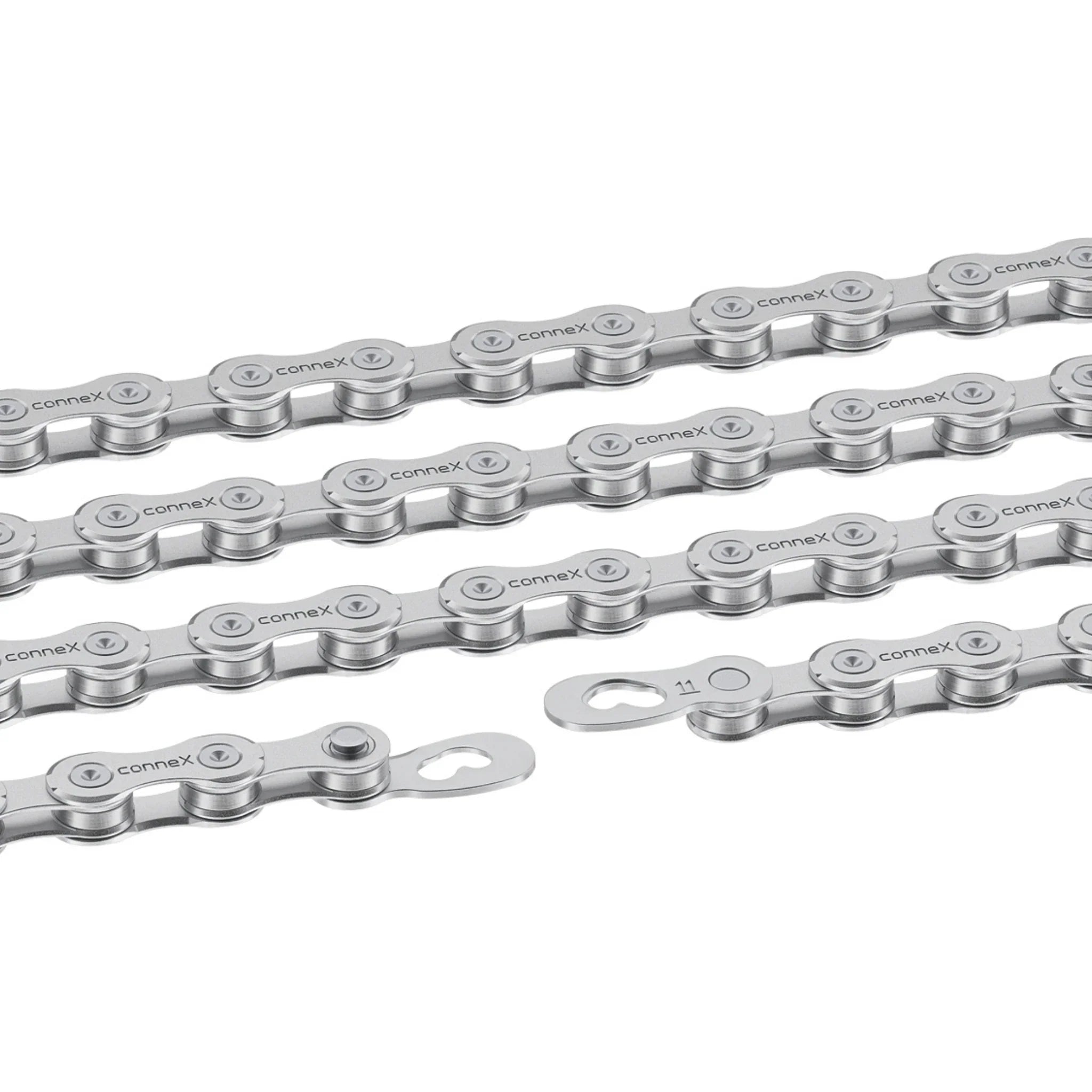 Silver 11-speed bike chain with quick link on white background