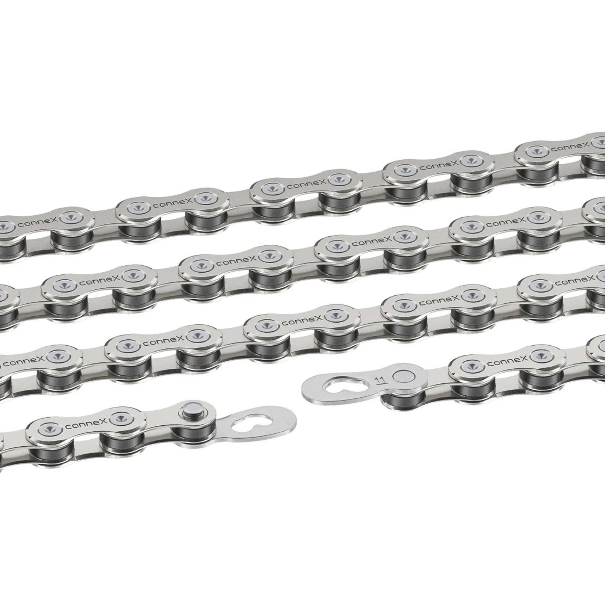 Silver 11-speed bicycle chain with quick link connector on white background