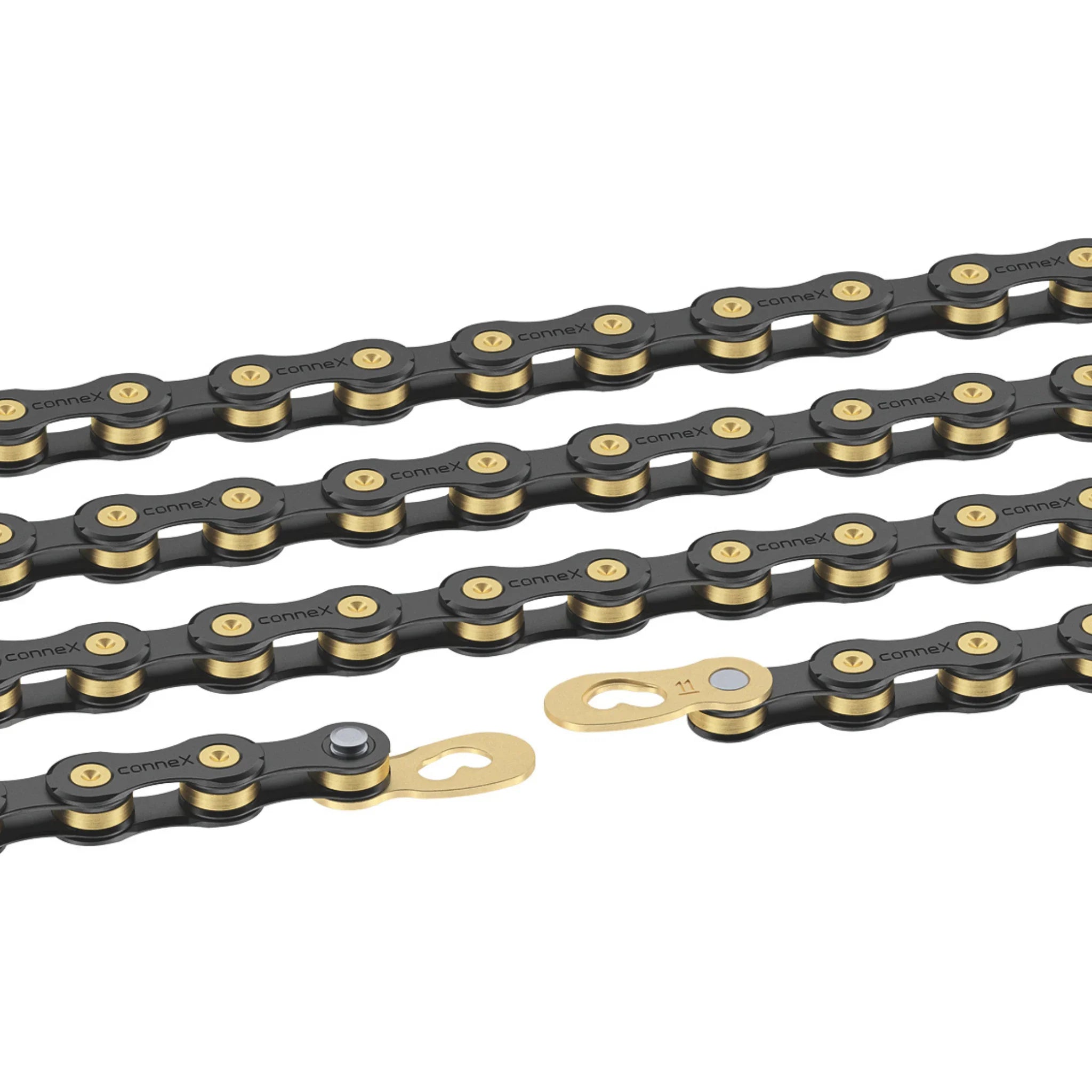Black and gold bike chain with quick link for 11-speed bicycles on white background