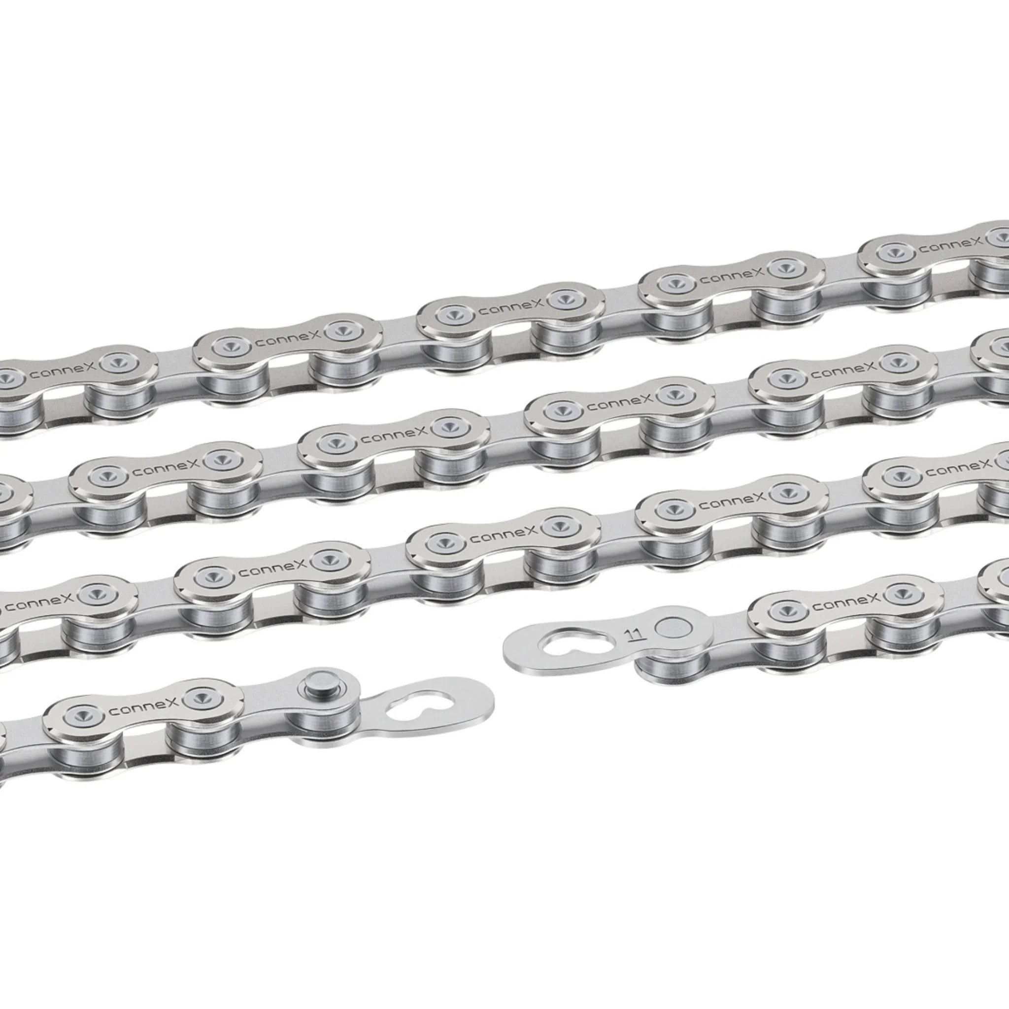 Silver Connex 11-speed bicycle chain with quick link, close-up on white background