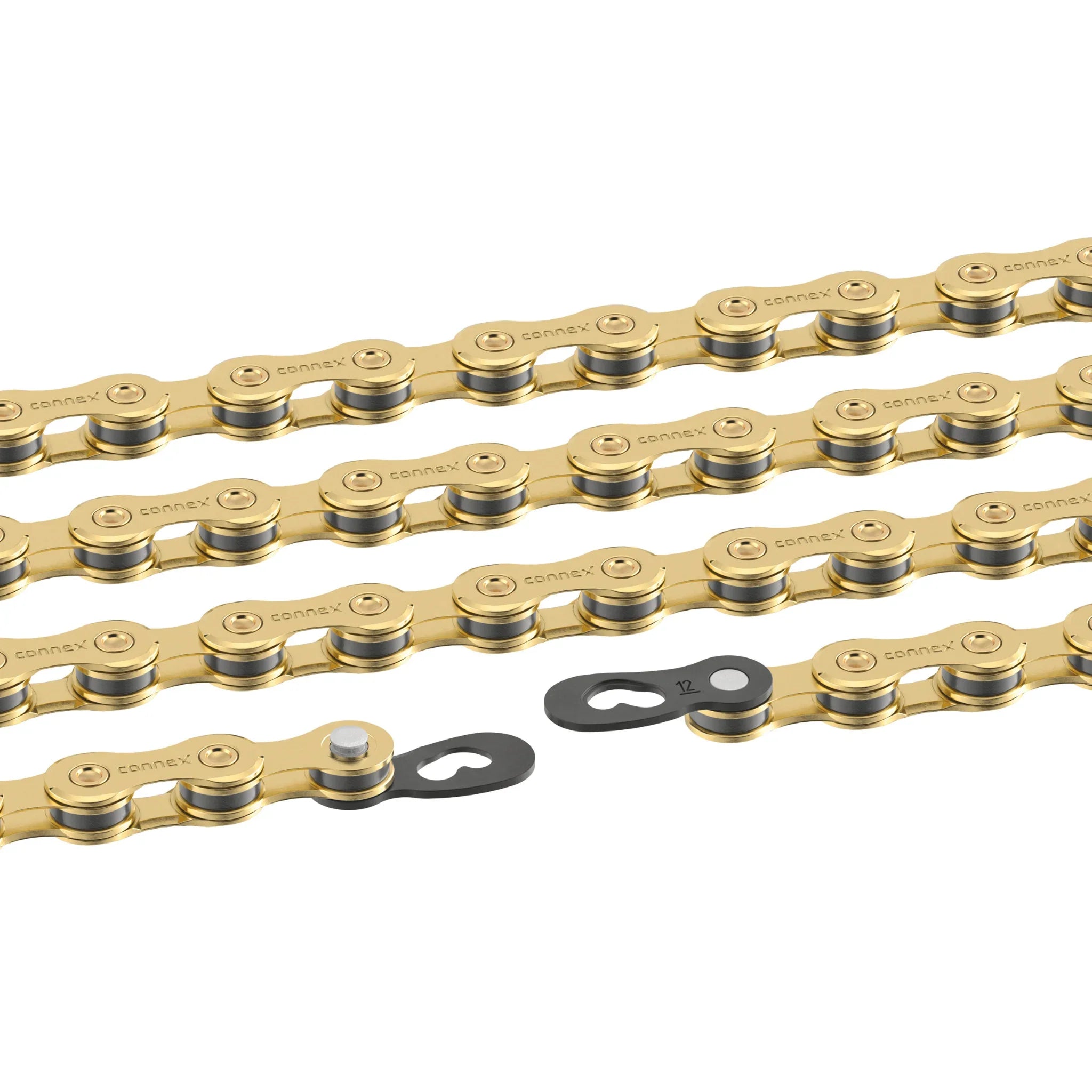 Gold bicycle chain with black quick link, 12 speed, close-up on white background