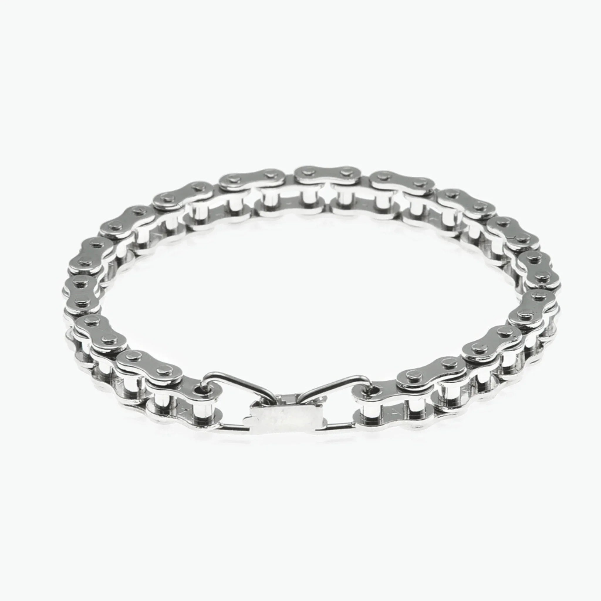 Silver bicycle chain bracelet with clasp on white background, cycling jewelry accessory