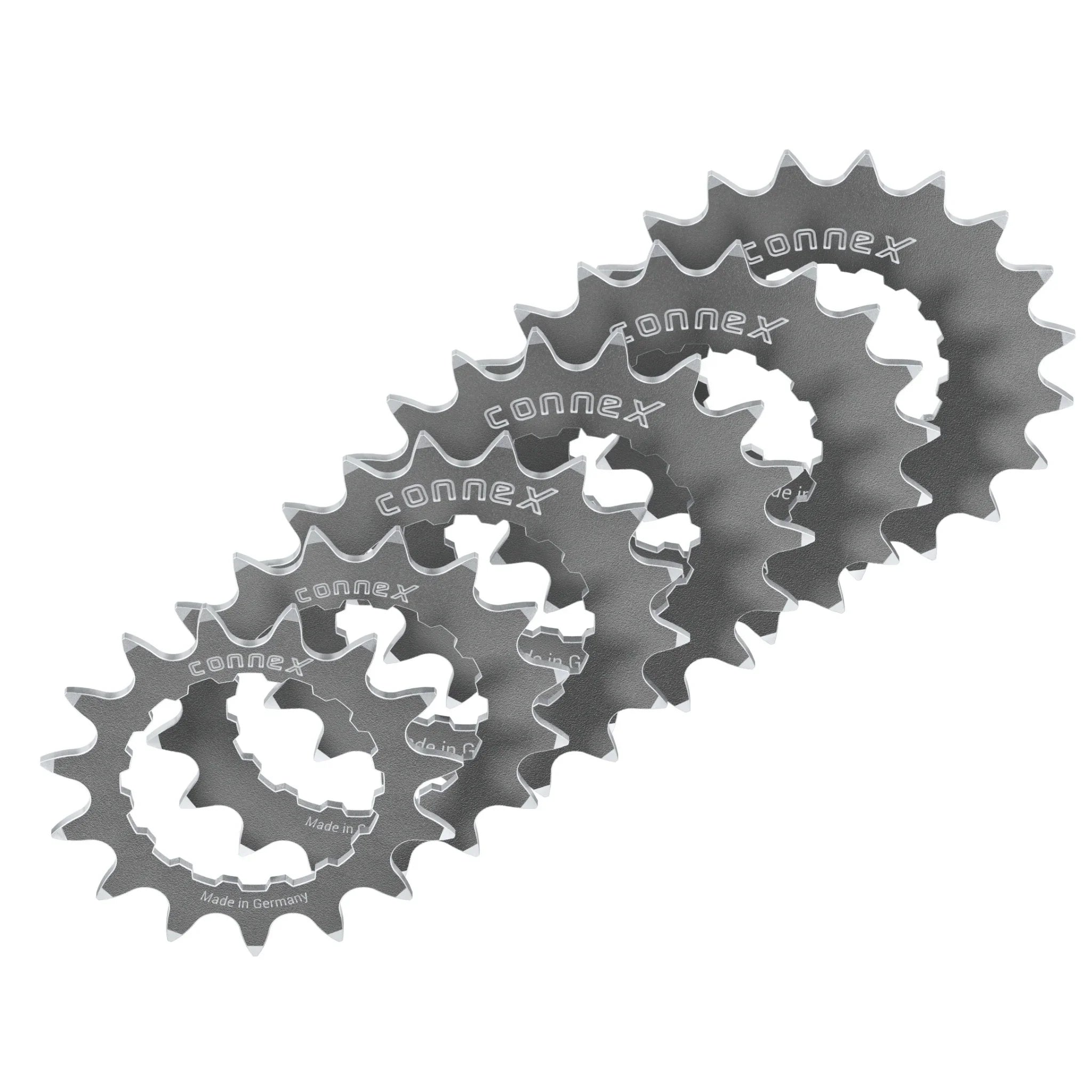 Connex steel bike sprockets for Bosch e-bike motors, stacked on white background