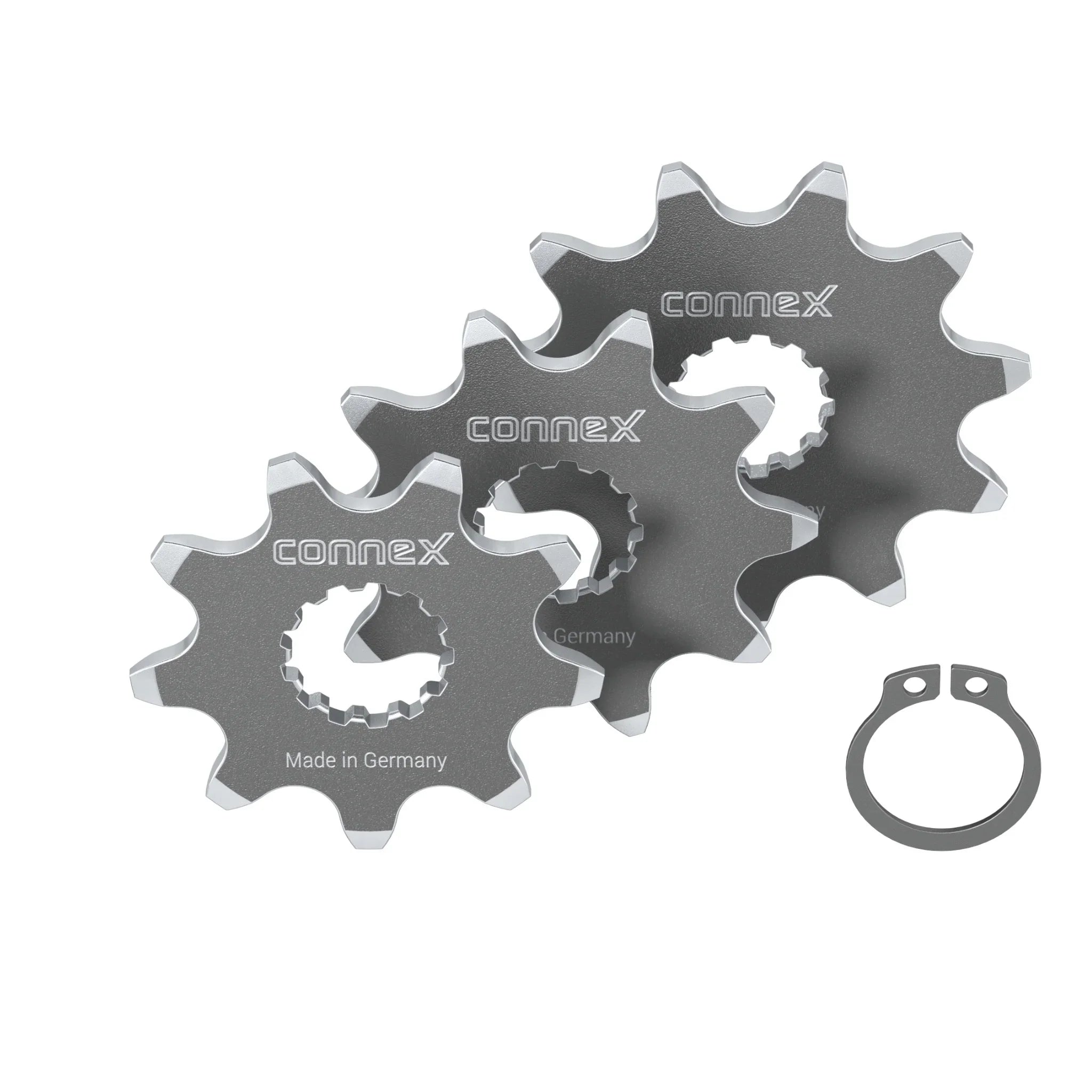 Connex bike sprocket set with three silver cogs and a lock ring, made in Germany.
