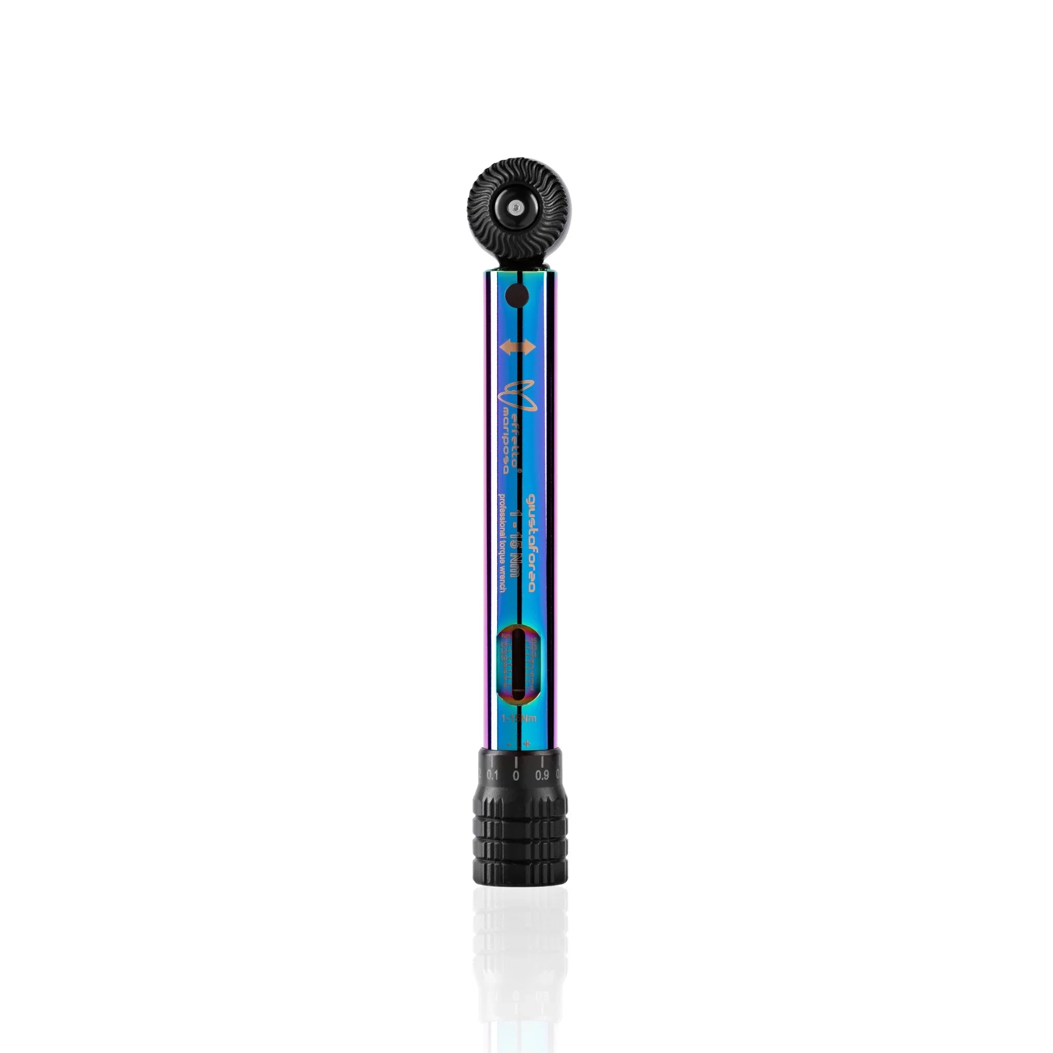 Iridescent torque wrench for bikes with knurled handle and precision gauge on white background.