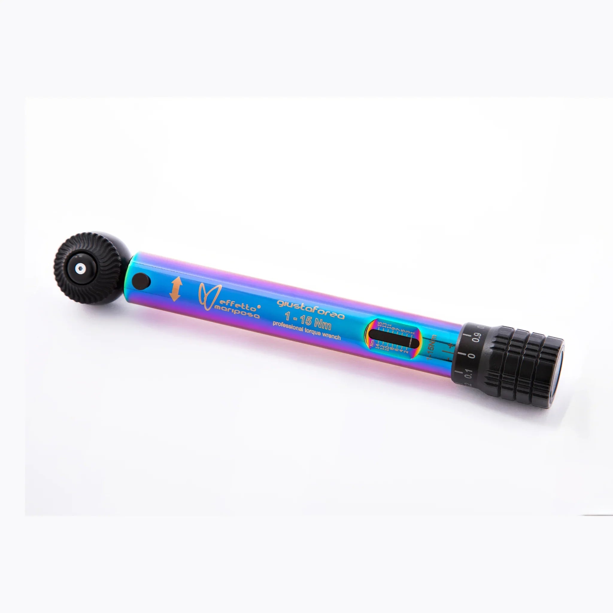 Rainbow-finish professional torque wrench with black adjustment knob on white background