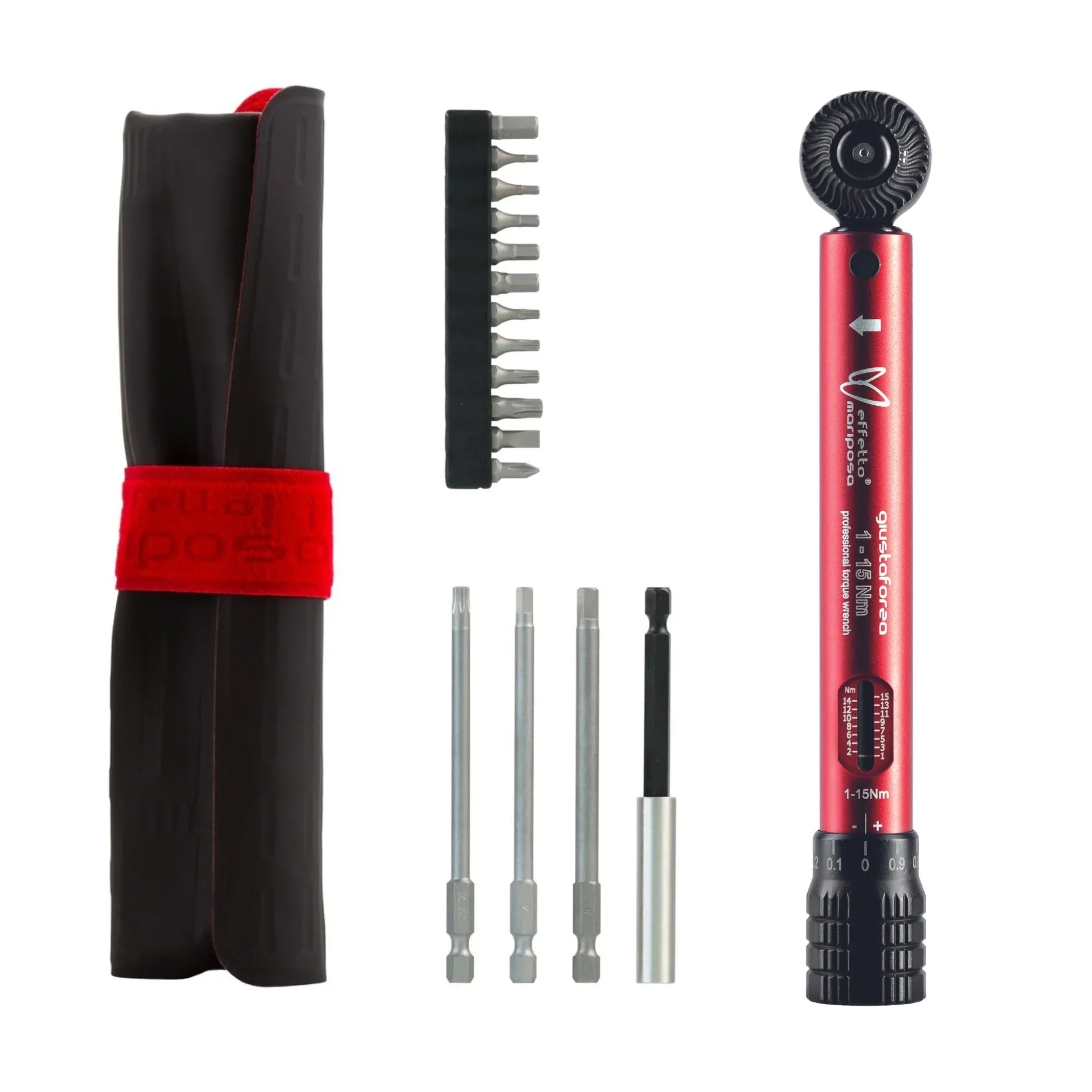 Bicycle torque wrench set with red handle, bit set, extension bars, and carrying case