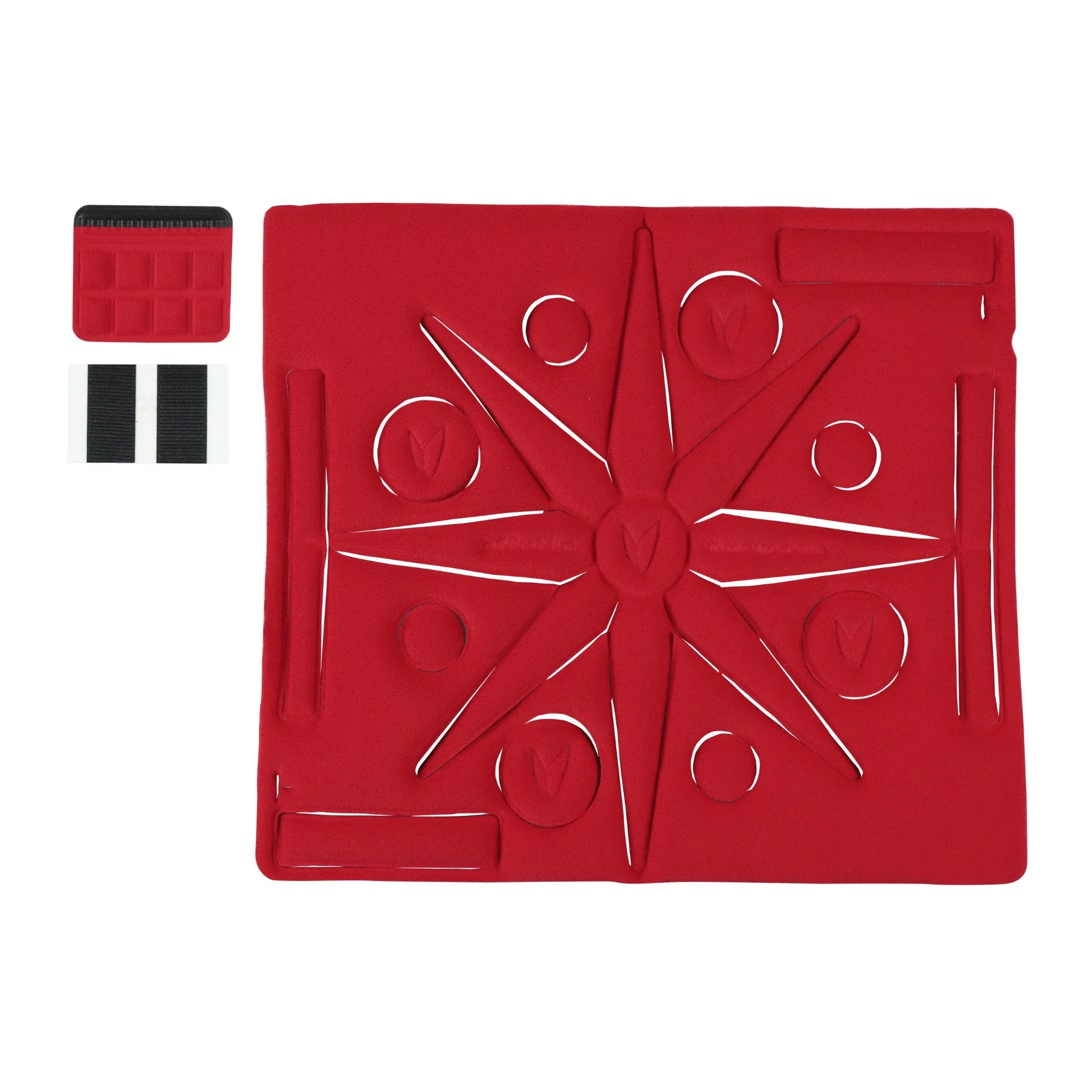 Red bike tool mat with star-shaped cutouts and organizing slots, includes Velcro straps