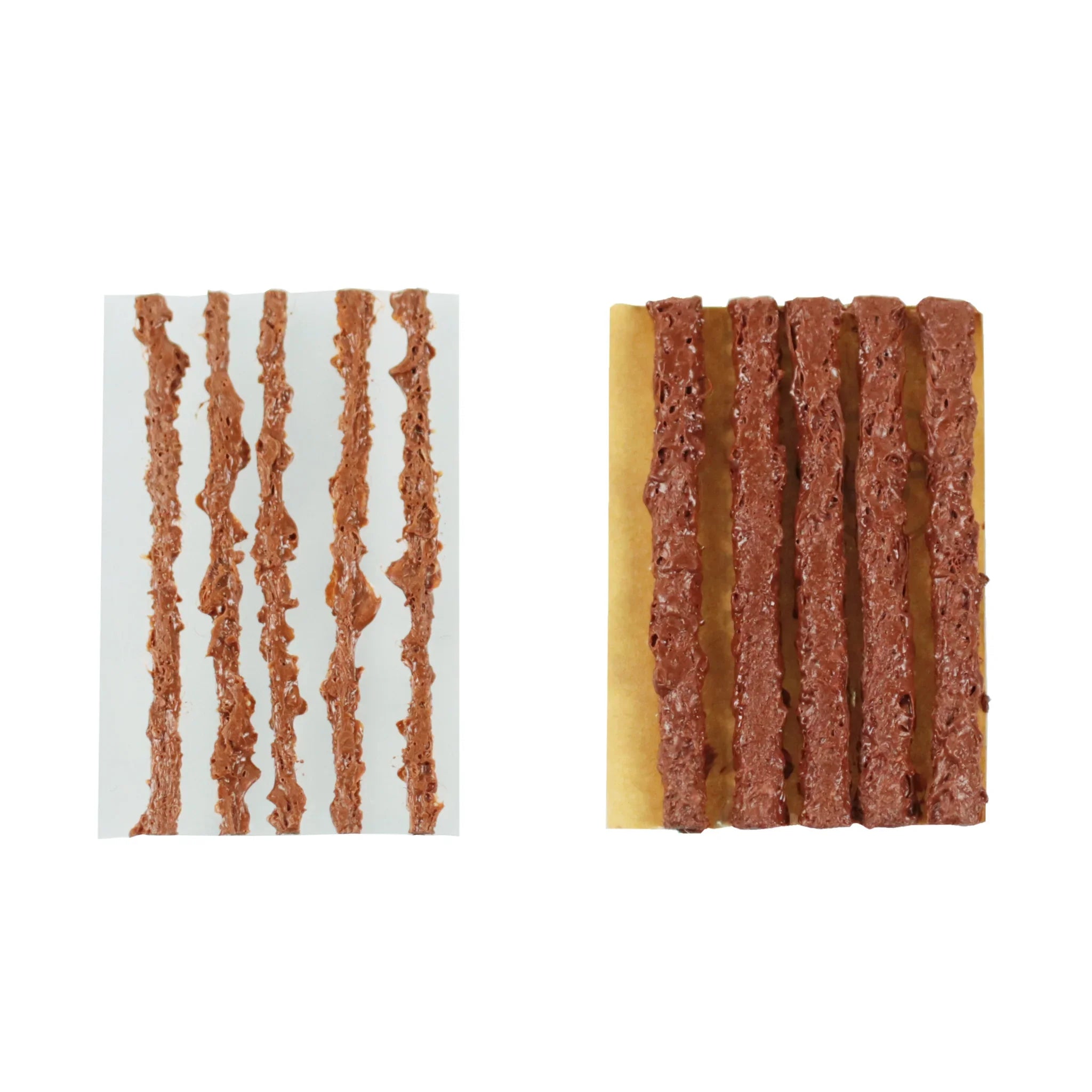 Brown tubeless tire repair plugs for bicycles displayed on white and yellow backing.