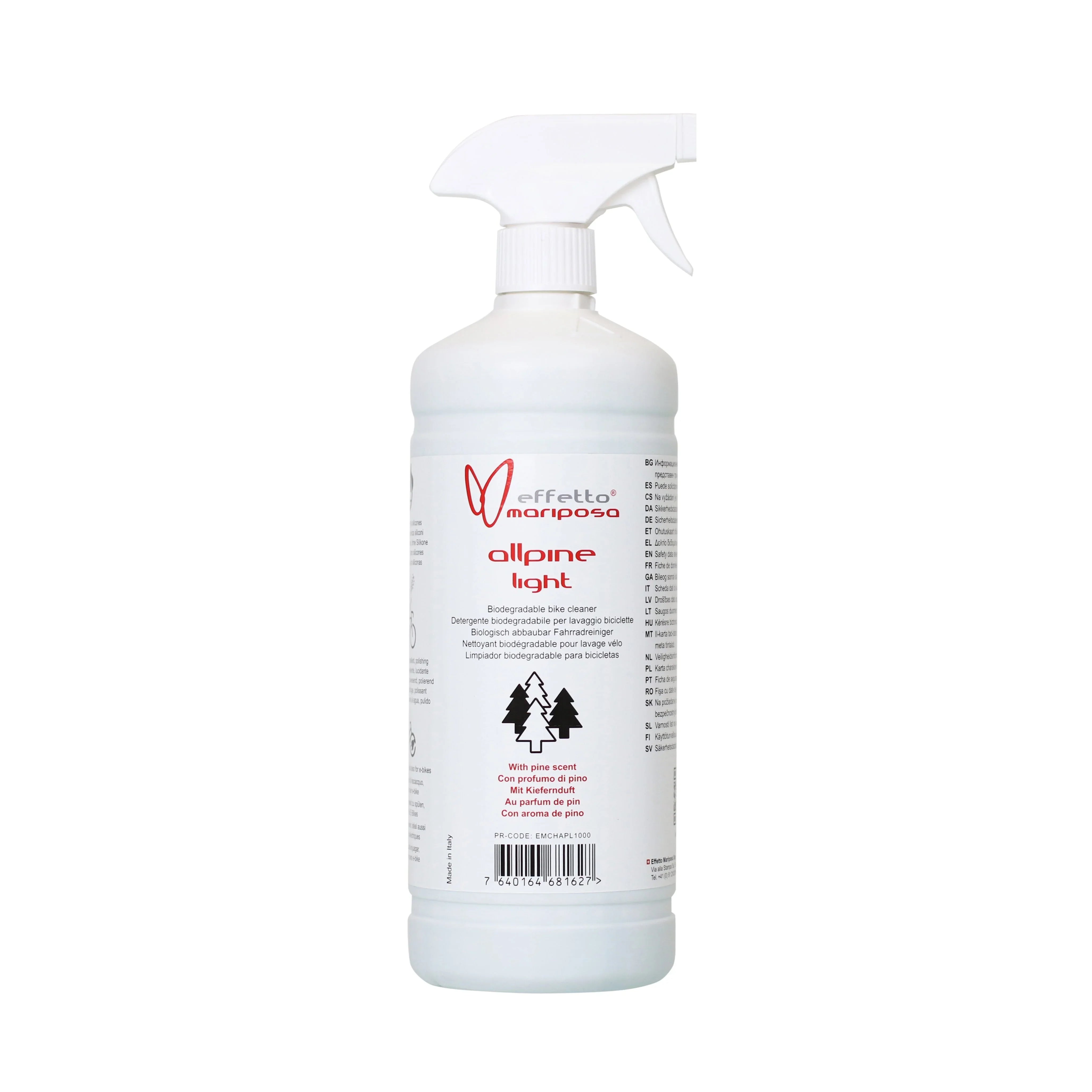 Biodegradable bike cleaner spray bottle labeled Allpine Light, 1000ml, white with pine scent.