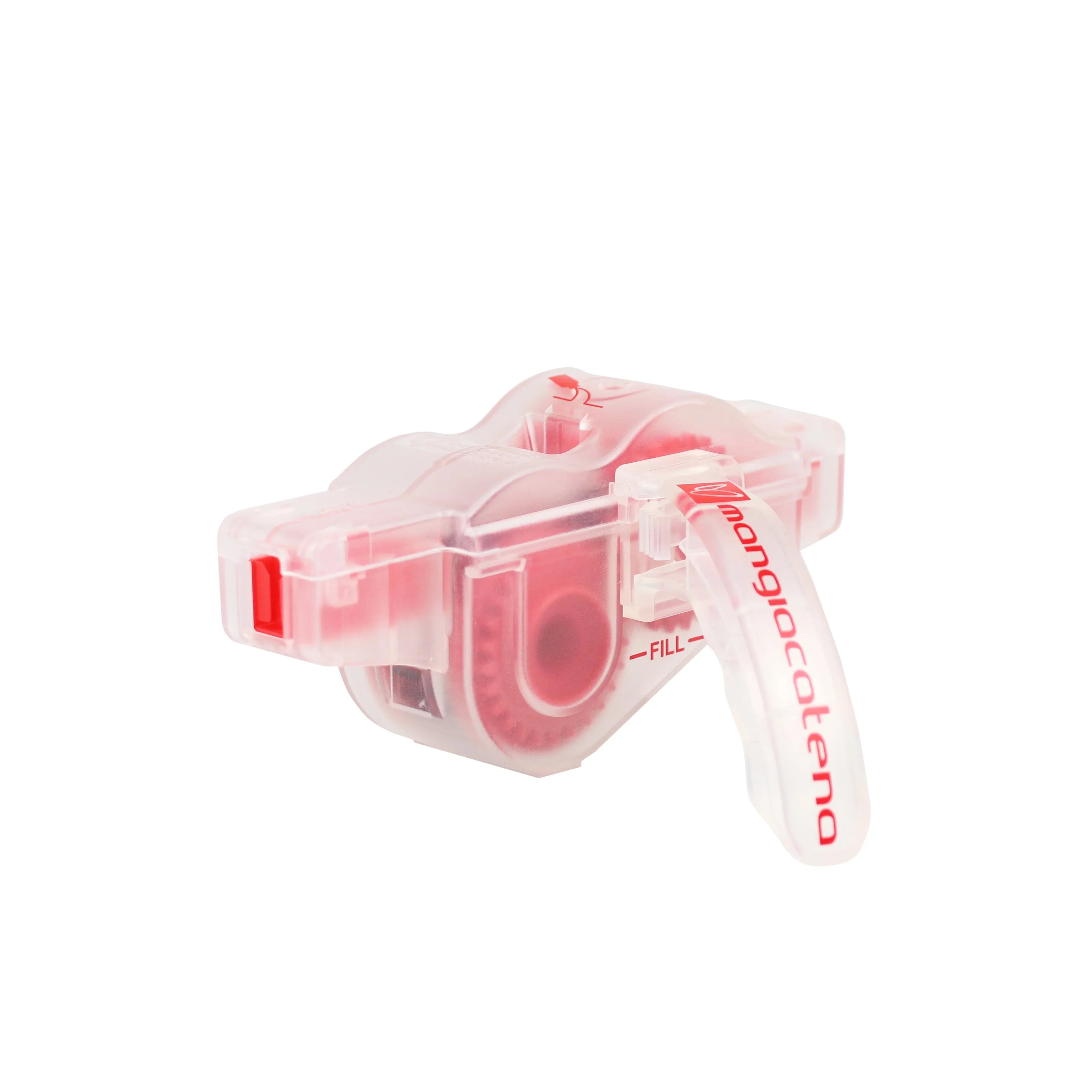 Clear red plastic bicycle chain cleaner tool with handle and fill indicator