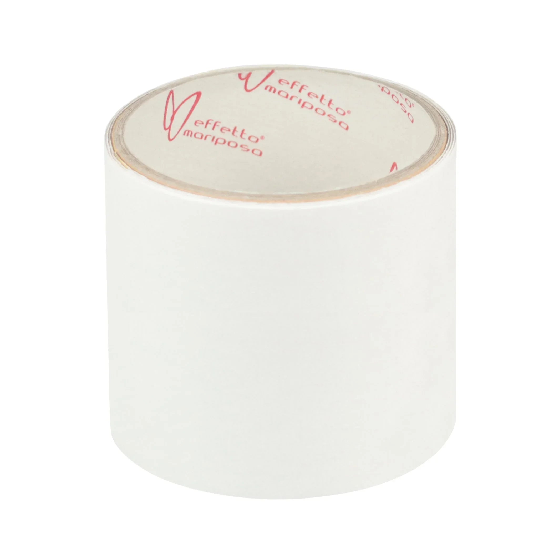 Clear protective adhesive tape roll with red logo on inner core, plain white background
