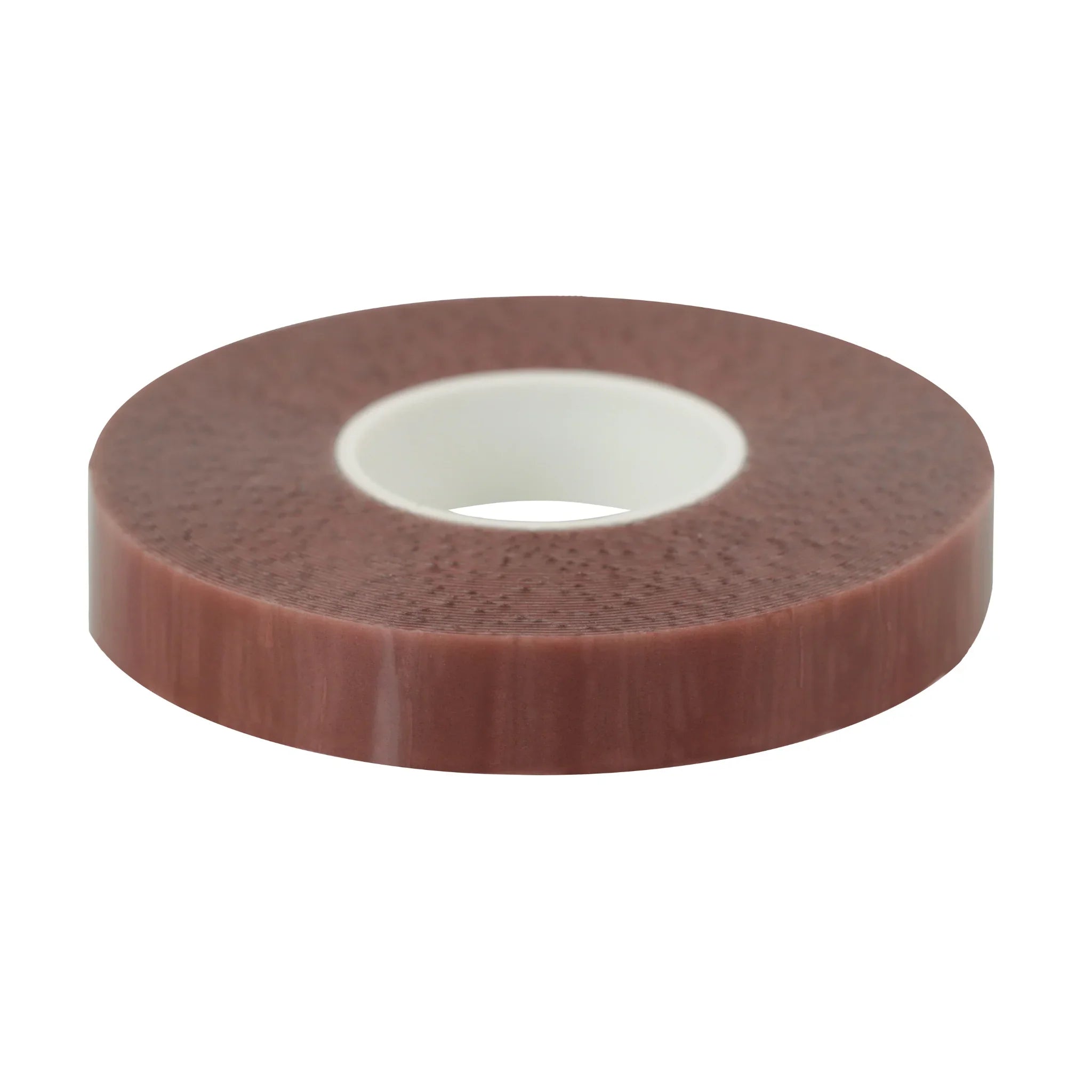 Brown adhesive rim tape roll for tubeless bicycle tires on white background