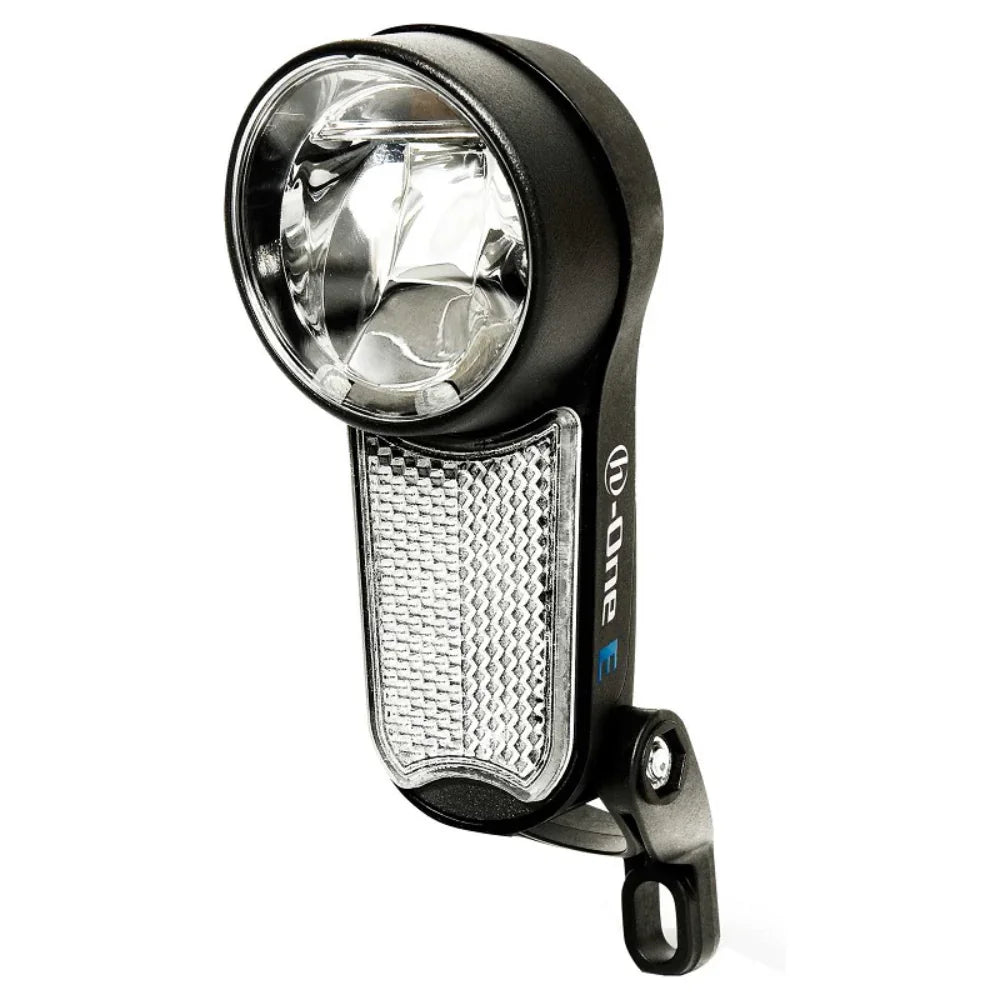 LED bicycle headlight with large lens and integrated front reflector, black mount