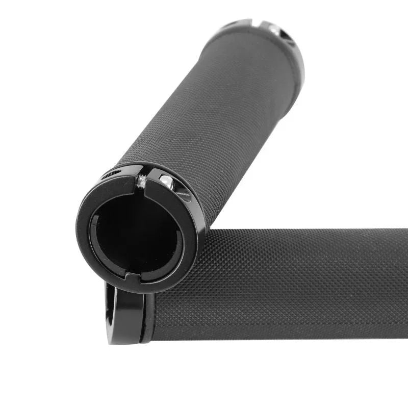black textured bicycle handlebar grips with locking rings, close-up view