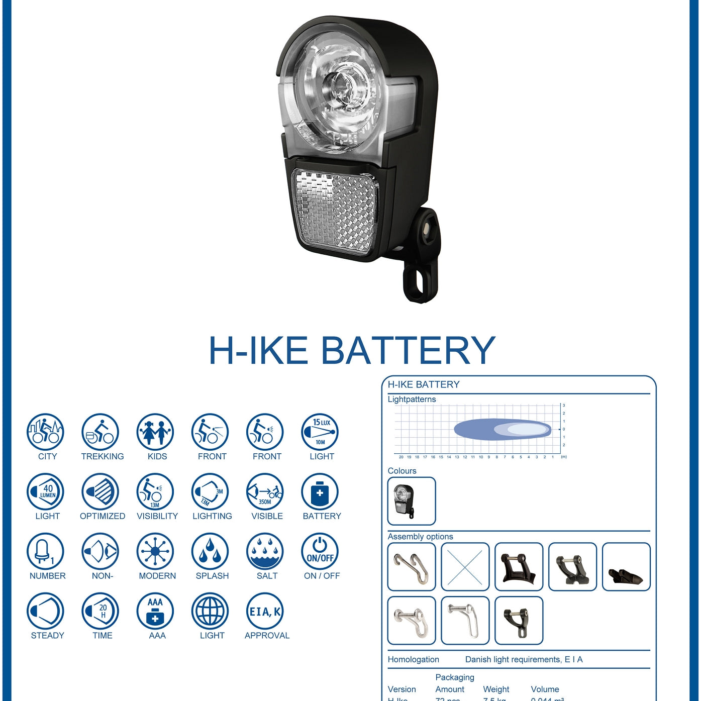 Front bike light with reflector, features, and mounting options on Herrmans H-Ike battery product sheet.