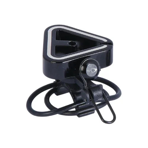 Black triangle-shaped bicycle bell with a mounting bracket and attached rubber strap