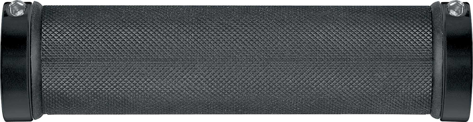 Black textured bicycle handlebar grip with metal lock rings on both ends