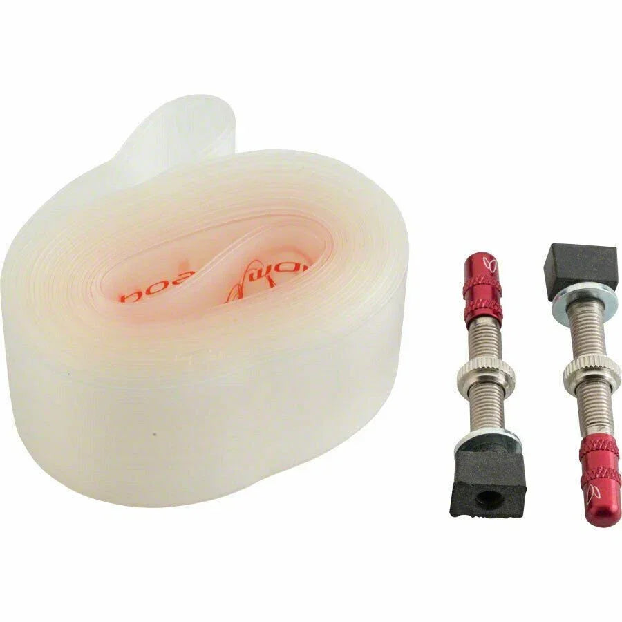 Tubeless rim tape and two presta valve stems for bicycle tire setup