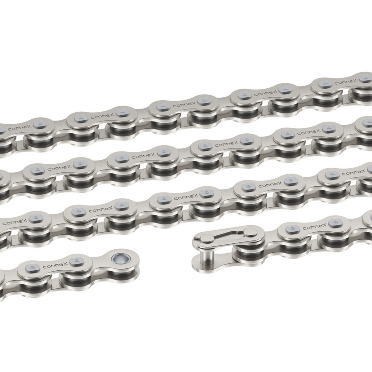 Close-up of a Connex bicycle chain on a white background