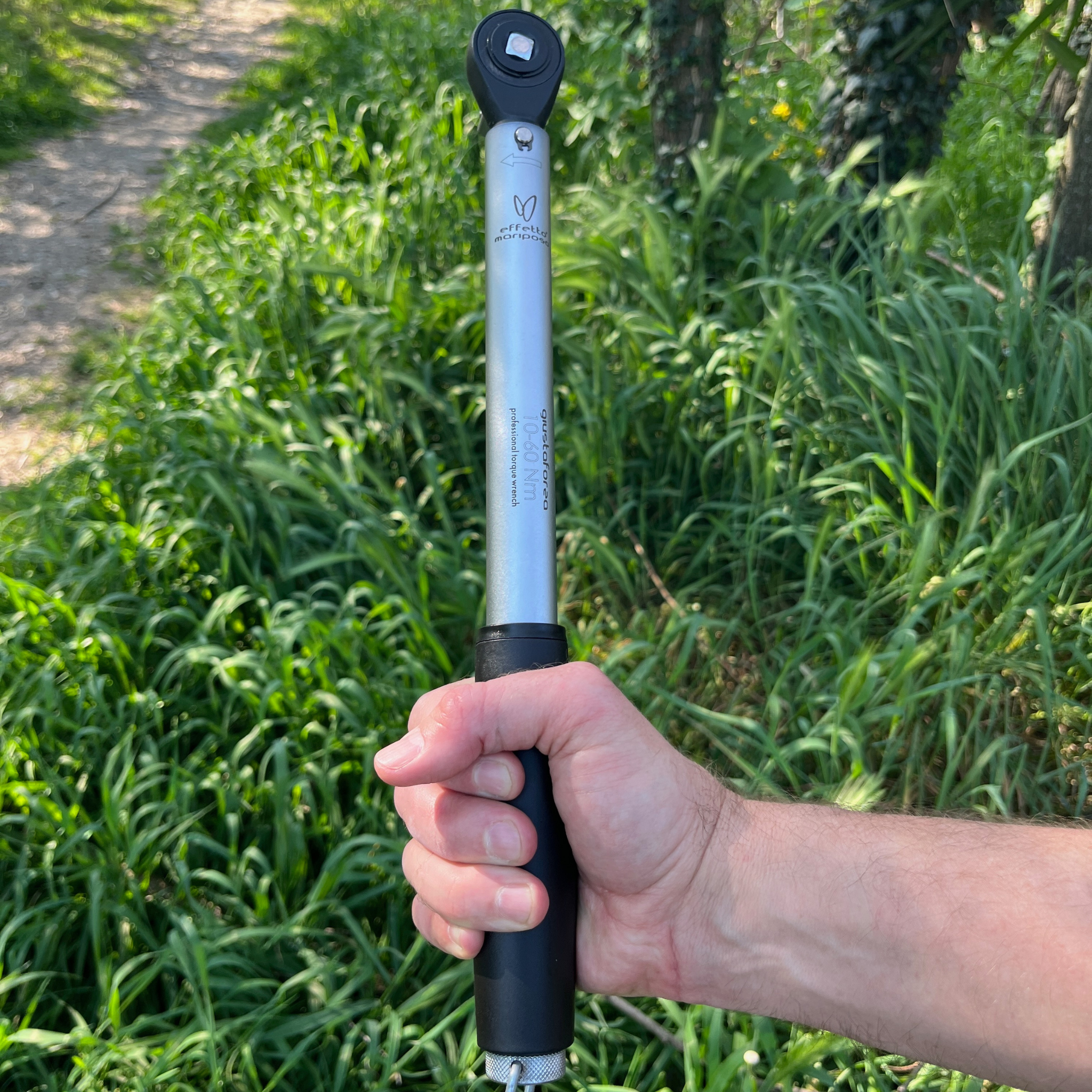 Hand holding a Giustaforza 1-60 Pro torque wrench with grass in the background